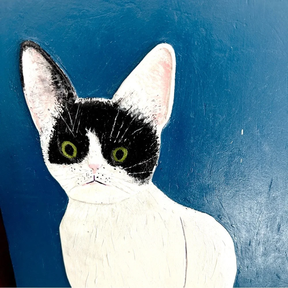 Original Cat Painting 3D Wood Wall Art Black & White Cat Quirky Art Blue Decor